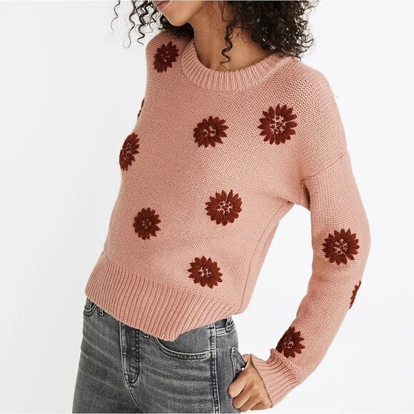 Madewell Flower Embroidered Pullover Knit Spring Grandmacore Sweater Small - Picture 2 of 10